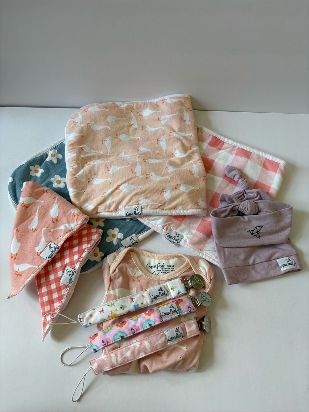 Lot Of Copper Pearl 1 Dn Bodysuit 3 Burp Cloth 2 Bibs Hat Headband 3 Binky Clips